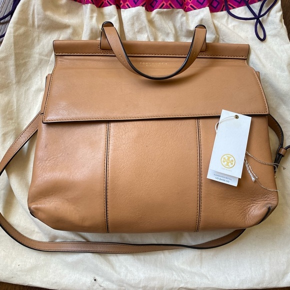 Tory Burch Classic Block-T Structured Leather Flap Closure  Satchel Crossbody - Picture 2 of 16